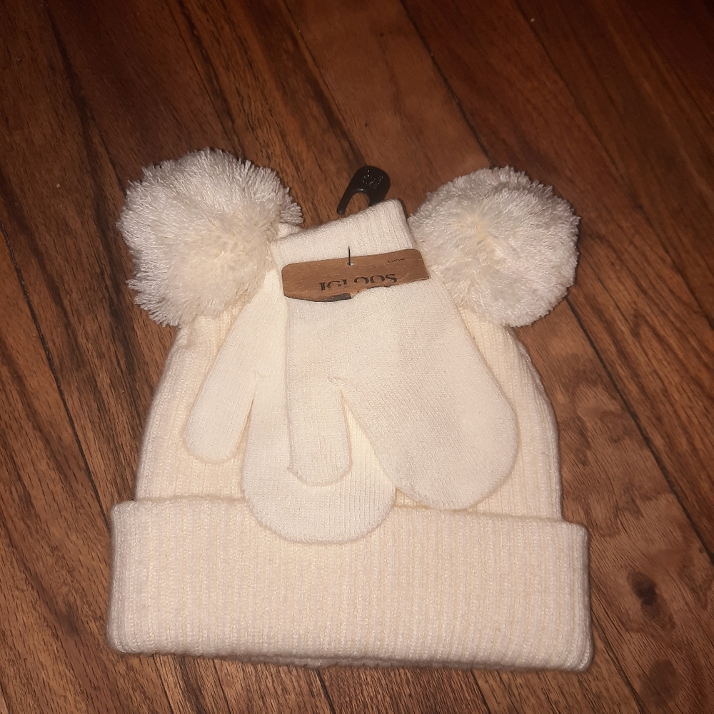 🤑Igloos Toddler Pom Pom Beanie and Mittens Set in Ivory
